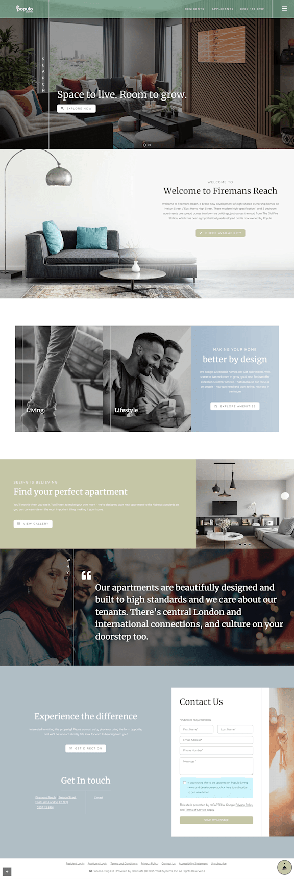 A webpage with a modern interior design theme, featuring a welcoming message and images of a living room and a person working on a laptop.